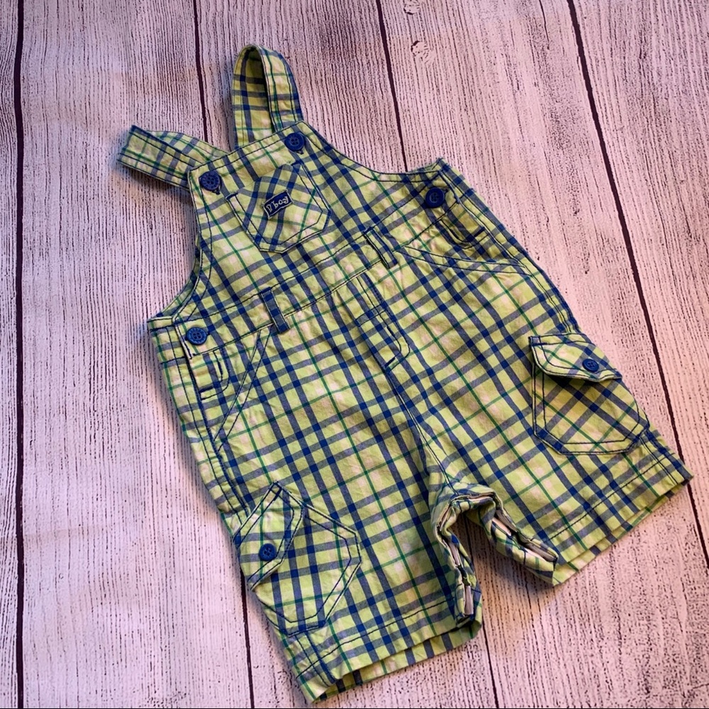 Boys Blue and Green Plaid Overalls Size 6-12 Months